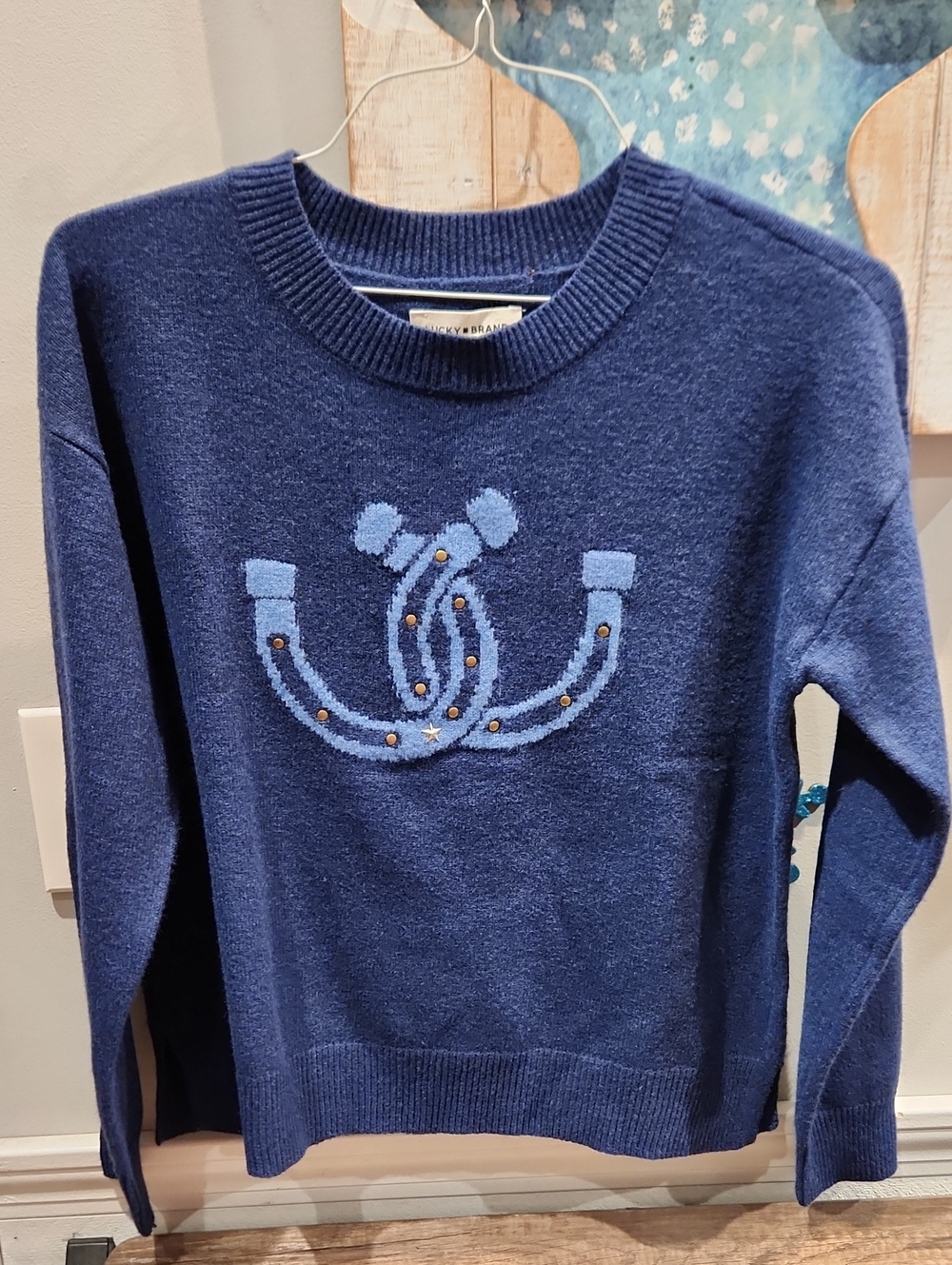 Lucky Brand Navy Blue Crewneck Sweater with Embroidered Motif Sz S